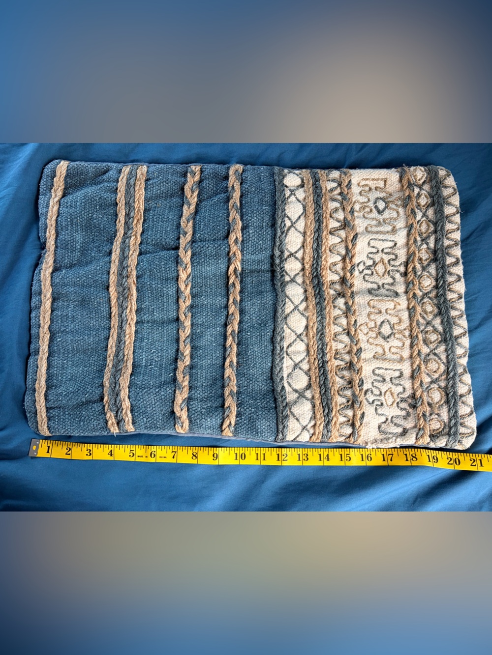 Boho Textured Lumbar Pillow Cover Blue Beige Embroidered 14x20